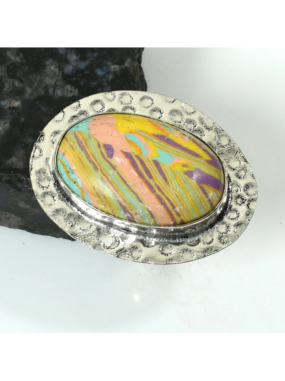 Rainbow Calsilica Artisan Handcrafted Gemstone Ring Size-7